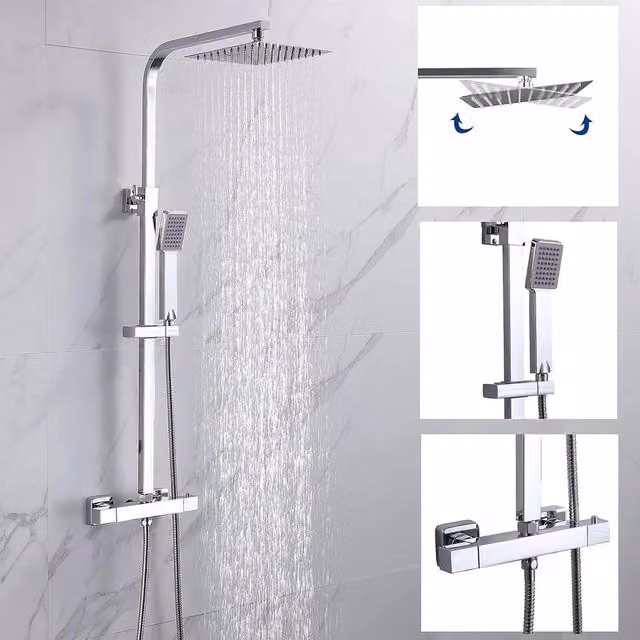 VOGREX Chrome Thermostatic Exposed Dual-Head Shower Set with Rain Overhead Shower in Silver