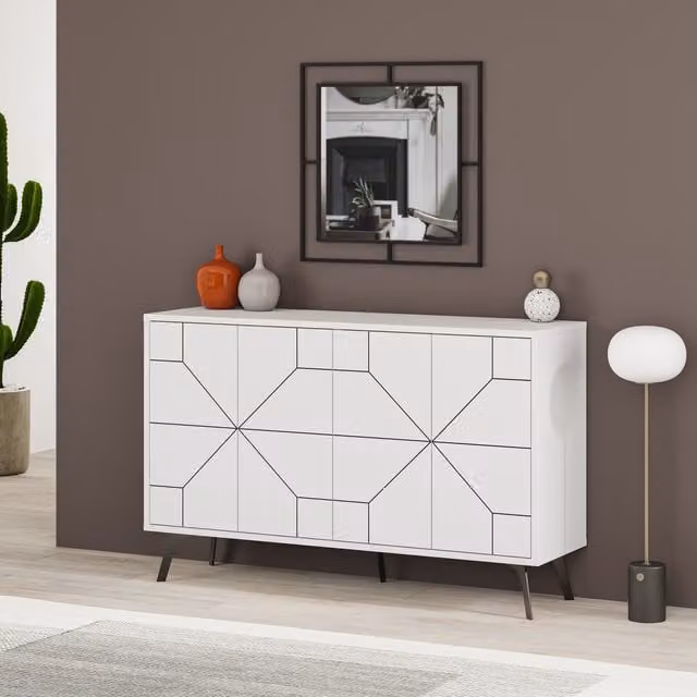 Decortie Dune Modern Four Door Sideboard in White with Metal Legs, Width: 123 cm
