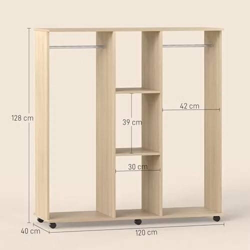 HOMCOM Mobile Double Open Wardrobe with Clothes Hanging Rail and 3 Shelves in Natural and Beige – 3