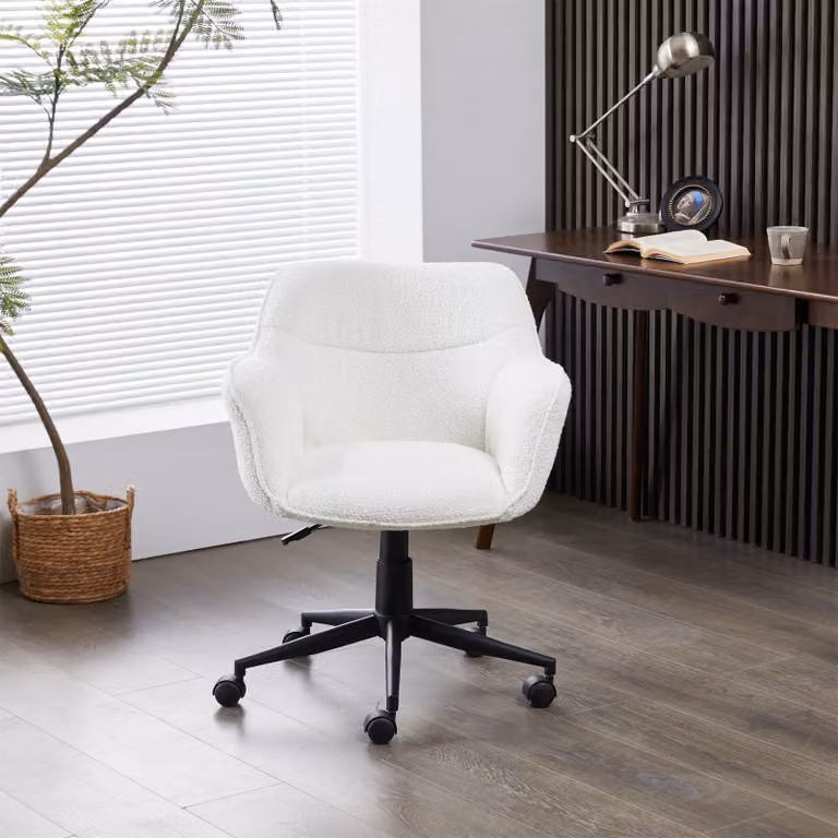 FURNITURE ONE White Corduroy Fabric Upholstered Swivel Office Chair, Height Adjustable Task Chair