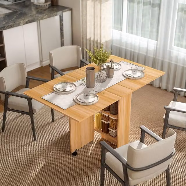 HOMCOM Modern Rectangular Foldable Drop Leaf Dining Table with Storage Shelves and Castors in Teak Brown