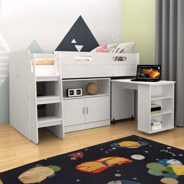 Kidsaw Ltd Single Mid Sleeper Bed with Desk, Cupboard and Stairs in White