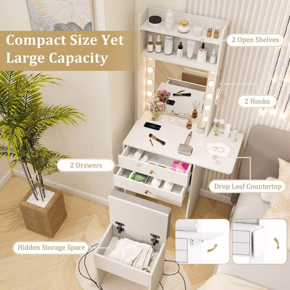 Gymax Small Makeup Vanity Desk and Dressing Table Set with Hollywood LED Lights and Storage Stool in White – 2