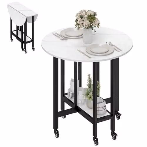 HOMCOM Modern White Marble Folding Dining Table with Rolling Drop Leaf and Castors, W/D/H: 80 x 51.5 x 75 cm