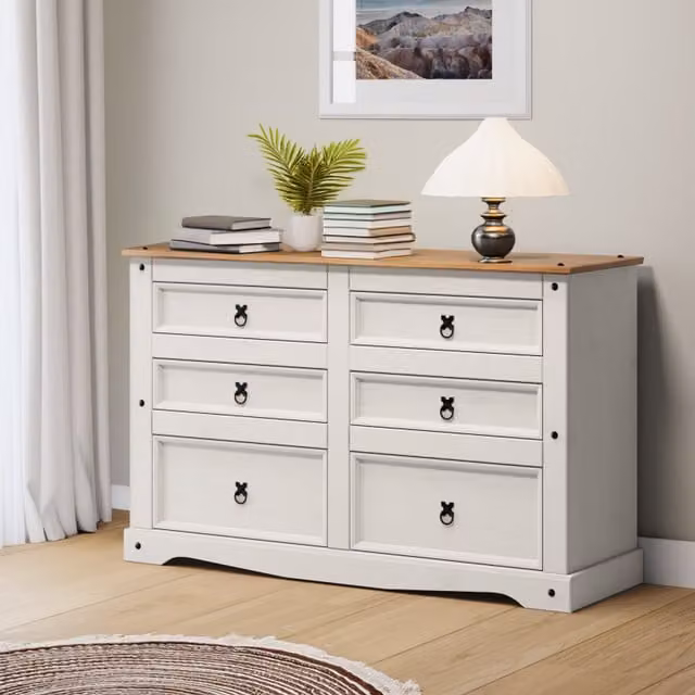 Mercers Furniture Corona Low 3 Plus 3 Wide 6 Drawer Chest of Drawers in Distressed White Wax Solid Pine Wood W/D/H: 132 x 43 x 83 cm