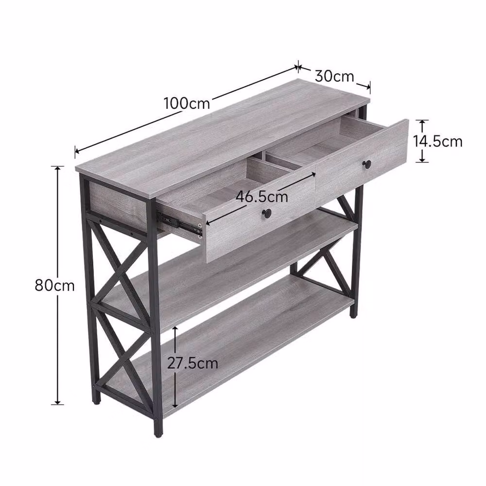 EONLION Grey Console Table with Drawer and X-Frame Design, Width: 100 cm – 2
