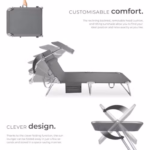 tectake Folding Sun Lounger with Sun Canopy and Adjustable Headrest in Grey, W/D/H: 190 x 68 x 111 cm – 4