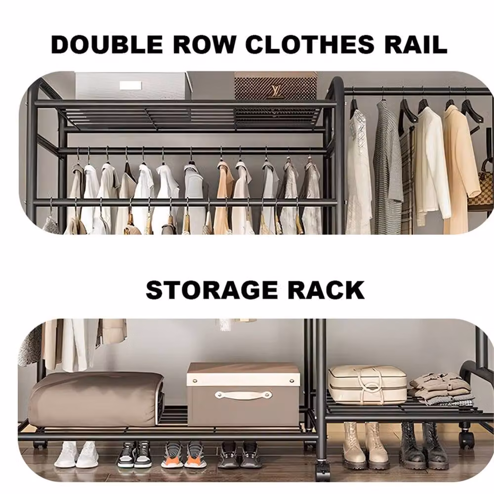 PAWNORA Heavy Duty Double Metal Clothes Rail Rack in Black, H 165 cm x W 150 cm – 4