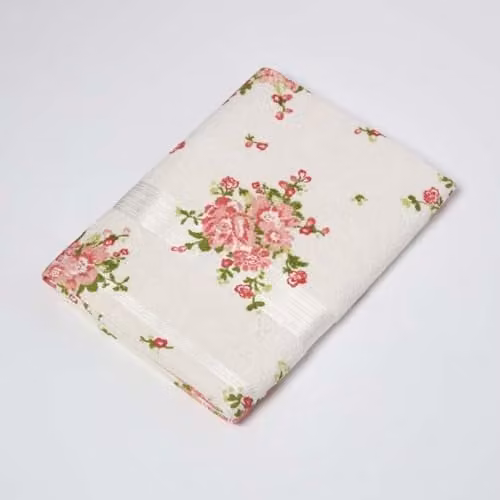 Homescapes Cream Cotton Bath Towel with Pink and Green Floral Pattern, W/D/H: 130 x 70 x 4 cm