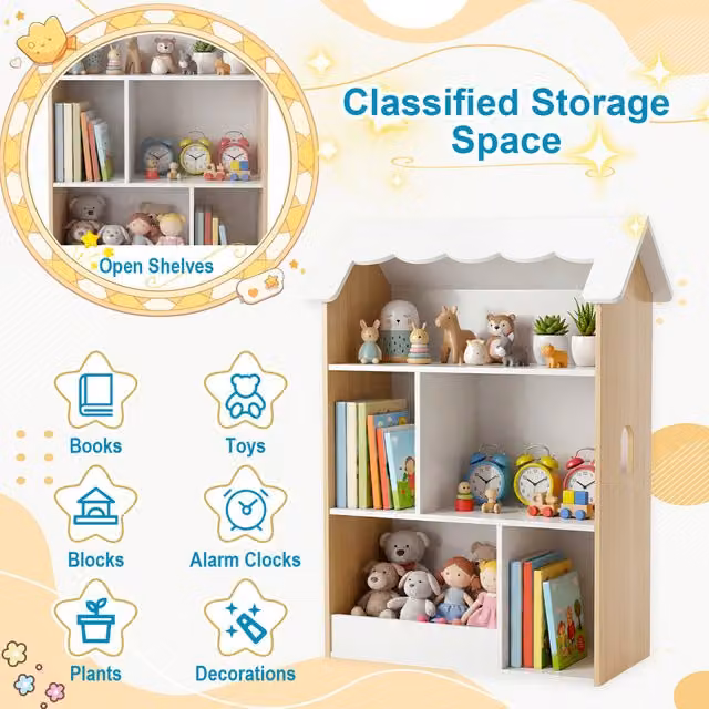 COSTWAY White House-Shaped Freestanding Kids Bookshelf with Back Panel