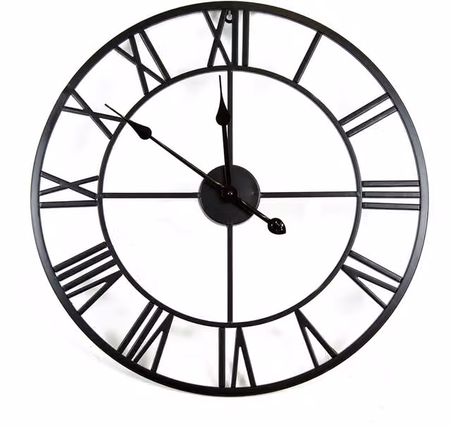 Charles Bentley Round Skeleton Wall Clock with Roman Numerals in Black Metal, Diameter: 80 cm
