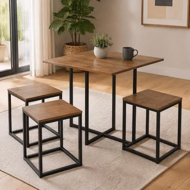 STILVORA Industrial Dining Table and Chairs Set with Brown Wood Effect Top and Metal Frame