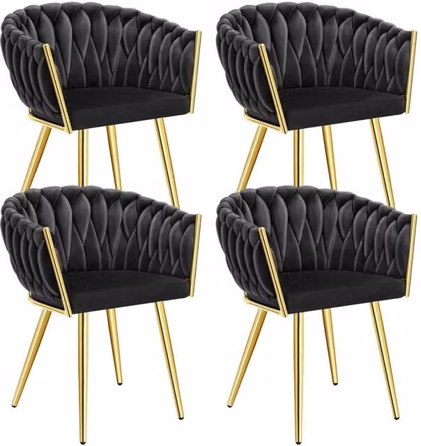tectake Astano Dining Chair Set of 4, Black Velvet with Metal Frame and Modern Knot Design – 1