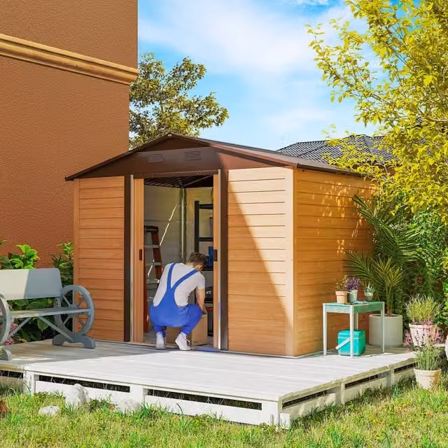 Outsunny Brown Wood Effect Pent Garden Storage Shed with Sliding Door in Steel and Plastic