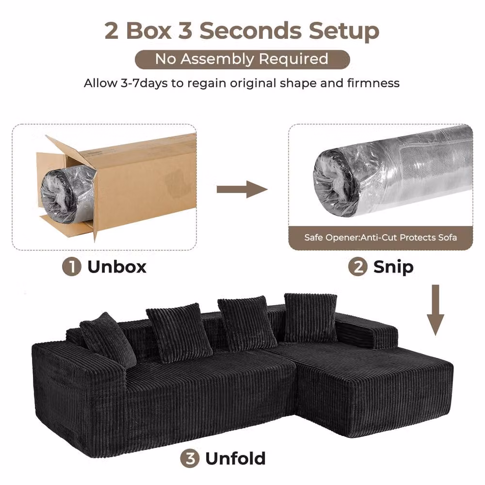 Dprodo 261 cm Modular Right L-Shaped 4 Seater Sectional Corner Sofa in Black Velvet Cord Fabric – 5