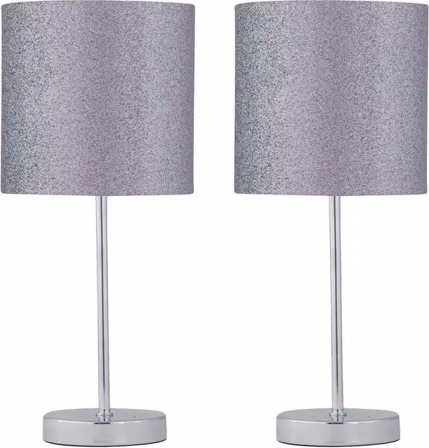 First Choice Lighting Set of 2 Chrome Table Lamps with Grey Fabric Shades