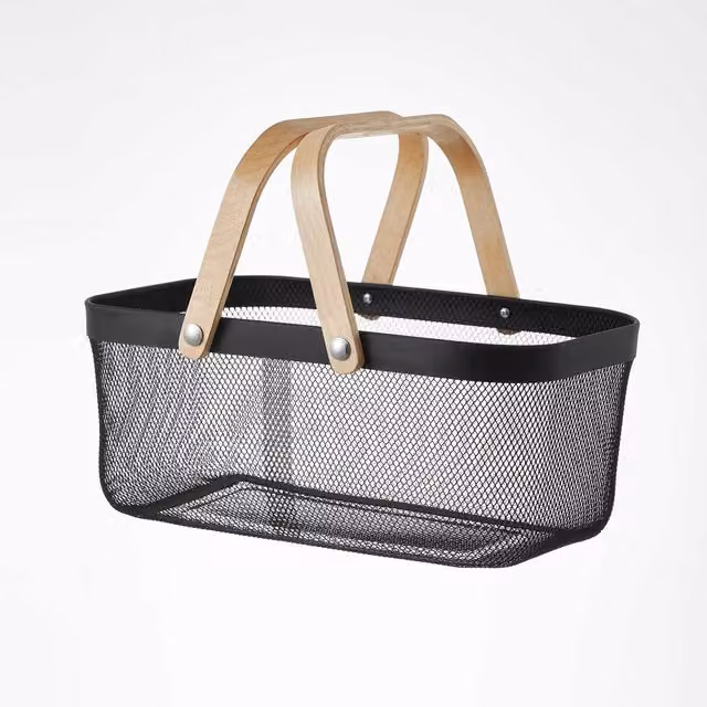Eden & Willow Black Mesh Wire Metal Storage Basket with Wooden Handles