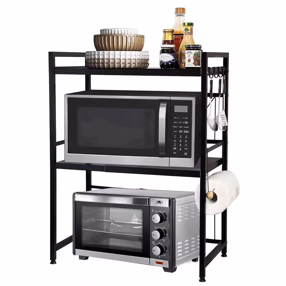 FORGEVIO 3 Layer Expandable Microwave Oven Rack Stand in Black with Adjustable Shelves – 4