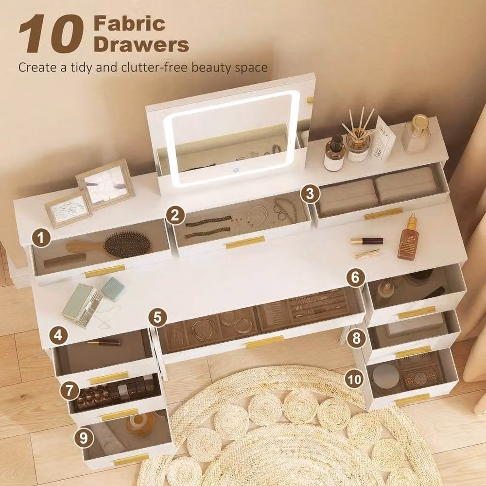 PAWNORA Modern White Dressing Table with Hollywood LED Lighting Mirror and 10 Drawers – 3