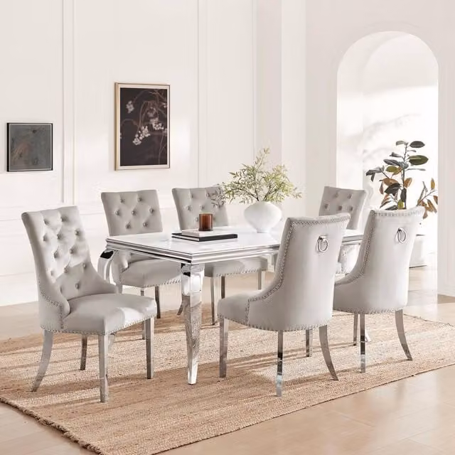 FurnitureboxUK Skye Rectangle Marble Effect Dining Table and 6 Grey Belgravia Chairs