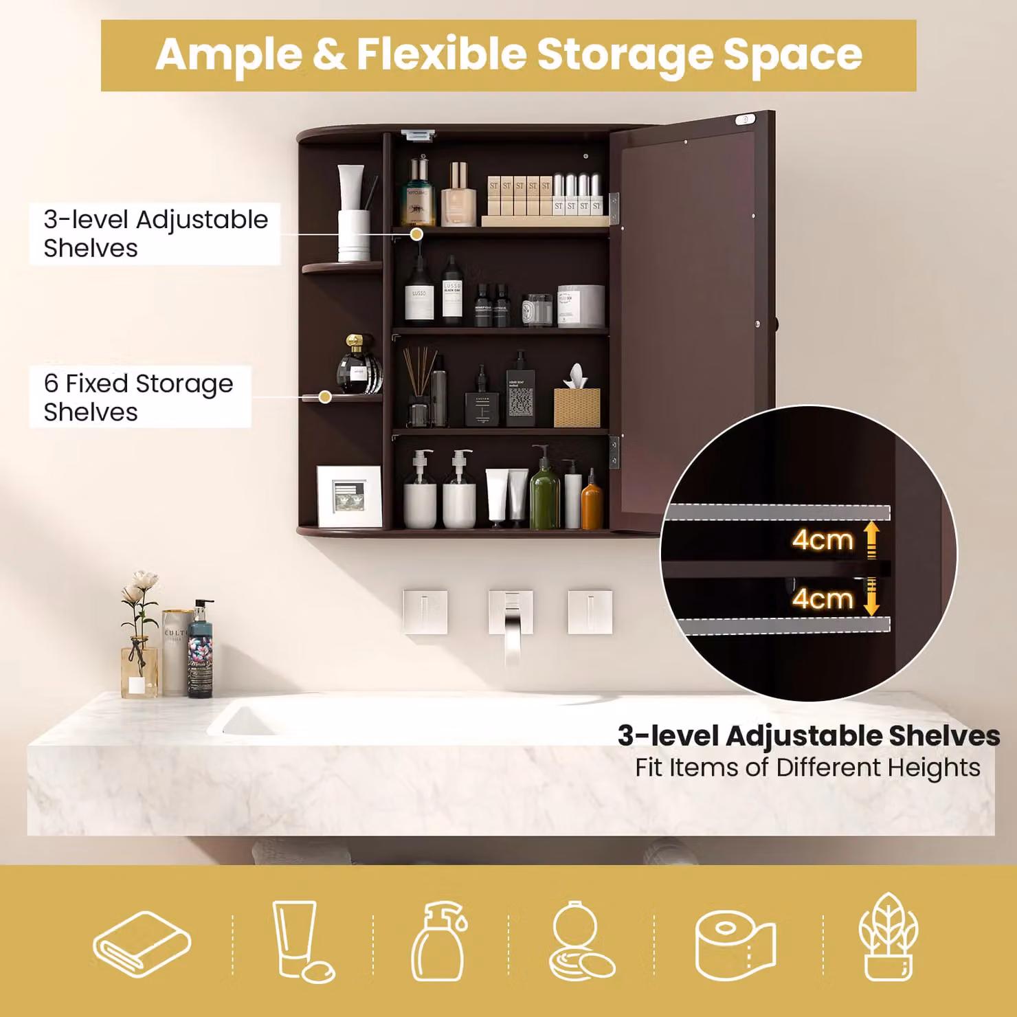 Gymax Modern Wooden Mirrored Bathroom Cabinet in Dark Brown – 6