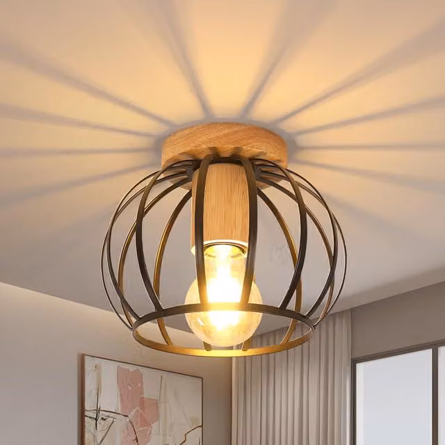 COMELY Industrial Metal Cage Ceiling Light, Vintage Black and Wood Chandelier