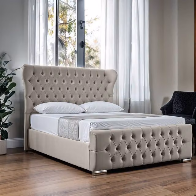 UK Bed Furniture Isabella Upholstered Slatted Base Bed with 48 Inch Wingback Headboard in Grey, Size: 140 x 200 cm