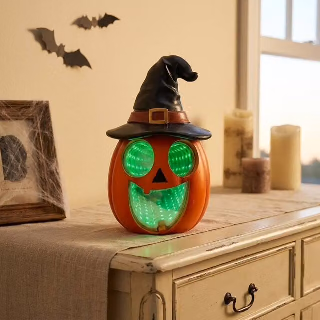 Garden Greatness Spooky LED Pumpkin Witch Hat Tabletop Ornament in Orange, Black and Multicolour