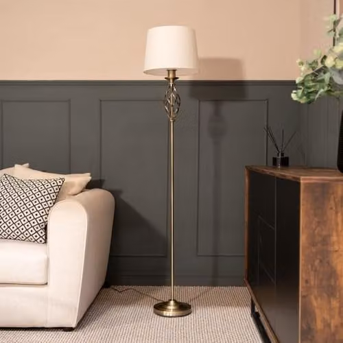 ValueLights Traditional Antique Brass Standing Floor Lamp with White Fabric Lampshade and Included LED Bulb – 2