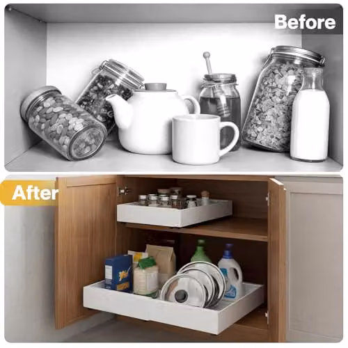 Toque 2 Pack Expandable Pull Out Cabinet Organisers in White, Adjustable Carbon Steel Slide Out Drawers with 3-Rail System – 7