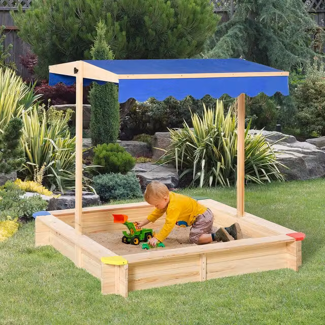 Outsunny Square Wooden Sand Pit with Canopy and Adjustable Seats in Blue