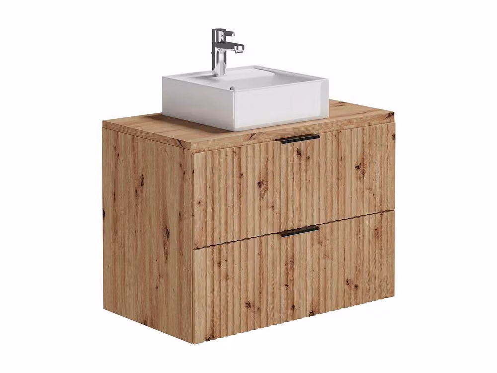 Vente-unique Wall-Mounted Ribbed Bathroom Unit with Free-Standing Ceramic Basin in Light Oak Finish, W/D/H: 80 x 46 x 57 cm – 2