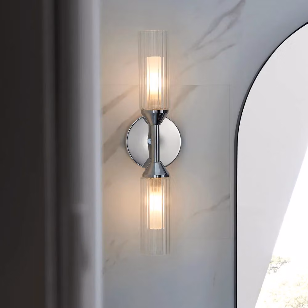 Loops Chrome Plated Twin Bathroom Wall Light with Transparent Ribbed Glass Shades – 2