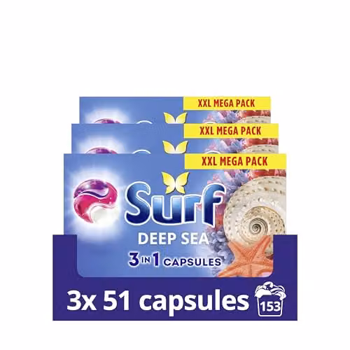Surf 3 in 1 Deep Sea Laundry Washing Detergent Capsules with Joy-Infused Fragrance and Essential Oils, 153 Washes (3 x 51 Capsules), Blue – 1