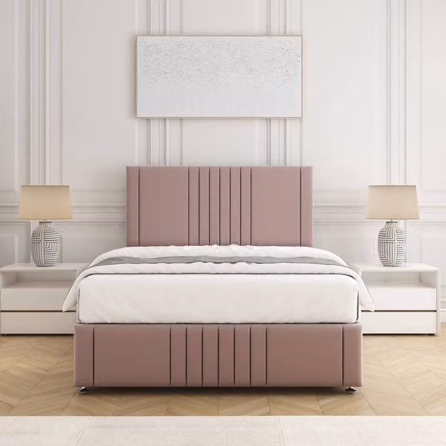 BSSPOKE Hazel King Size Divan Bed Set with 24 inch Plush Velvet Headboard and Mattress in Pink, W/D/H: 180 x 200 cm