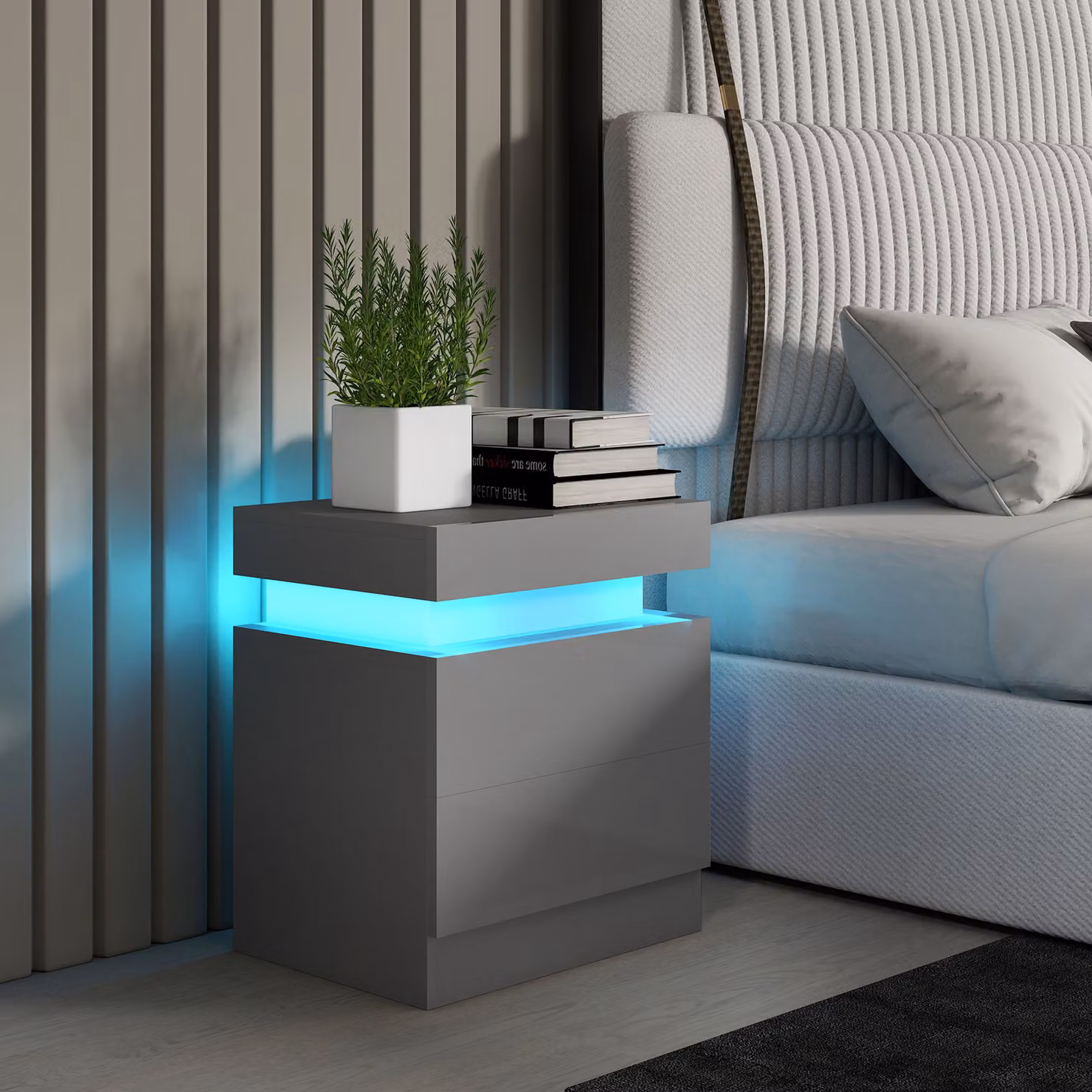HOMCOM Grey High Gloss Bedside Table with Integrated LED Light and 2 Drawers – 2