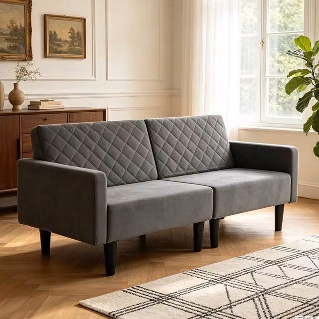 KORVIXA Grey Velvet Convertible Folding Futon Sofa Bed with Wood Frame, W/D/H: 100 x 100 x 100 cm – 1