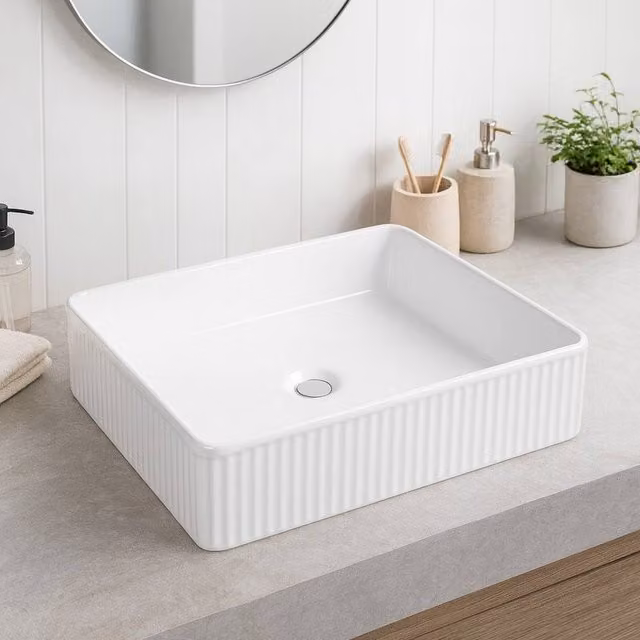 Bathroom Kingdom Flauto Rectangular Ceramic Countertop Basin, White, Width: 34 cm