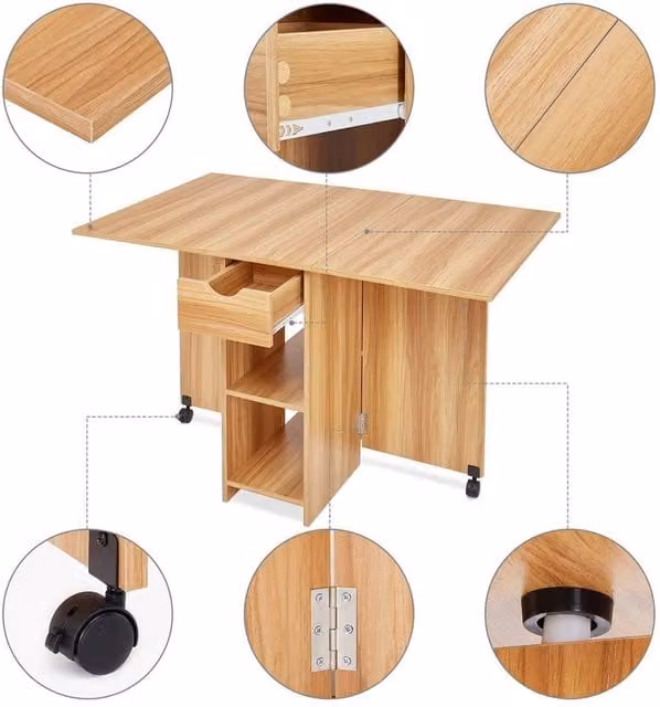 KORVIXA Oak Folding Dining Table with Drop Leaf and Castors, Brown, W/D/H: 100 x 100 x 75 cm – 1