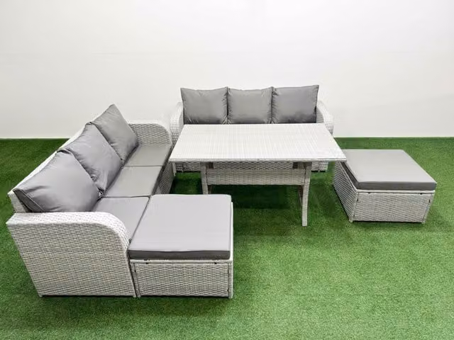 Fimous 8 Seater Grey Wicker Rattan Garden Furniture Set with Rectangular Glass Dining Table and High Back Lounge Sofas and 2 Footstools
