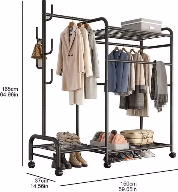 EONLION HD Double Clothes Rail and Shoe Display in Matt Black, W/D/H: 165 x 37 x 37 cm – 1