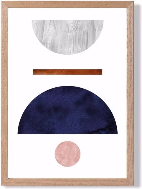ARTZE Mid Century Geometric Abstract Framed Print with Oak Wood Frame in Blue, Grey and Pink – 1