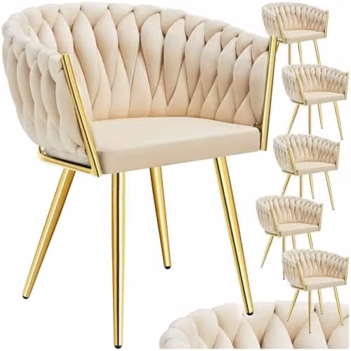 tectake Set of 6 Astano Dining Chairs in Sand and Gold Velvet Fabric with Metal Legs