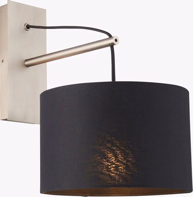 Perch & Parrow Antonios Modern Nickel Wall Light with Black Fabric Cylinder Shade
