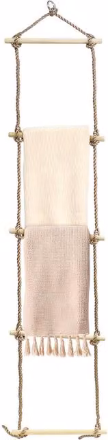 GEEZY 5-Rung Hanging Wooden Blanket Ladder with Rope Design in Silver and Brown