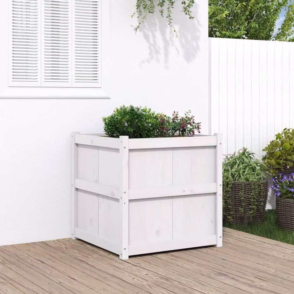 Berkfield Home Beautiful Garden Planter in White Solid Wood Pine, W/D/H: 70 x 70 x 70 cm – 2