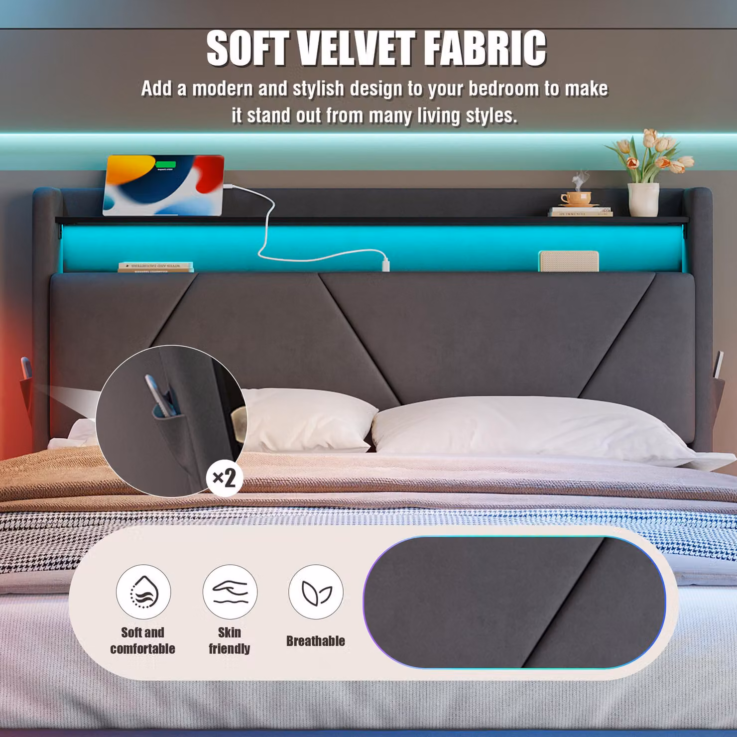 Aosom UK Upholstered Velvet Bed Frame with Under-Bed Storage, Wavy LED Lighting and USB Ports, Dark Grey, W: 143 cm, D: 211 cm, H: 115.5 cm – 8