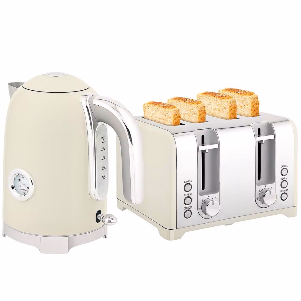 STILVORA Kettle and Four Slice Toaster Set in Beige and Silver, 1.7 l – 2