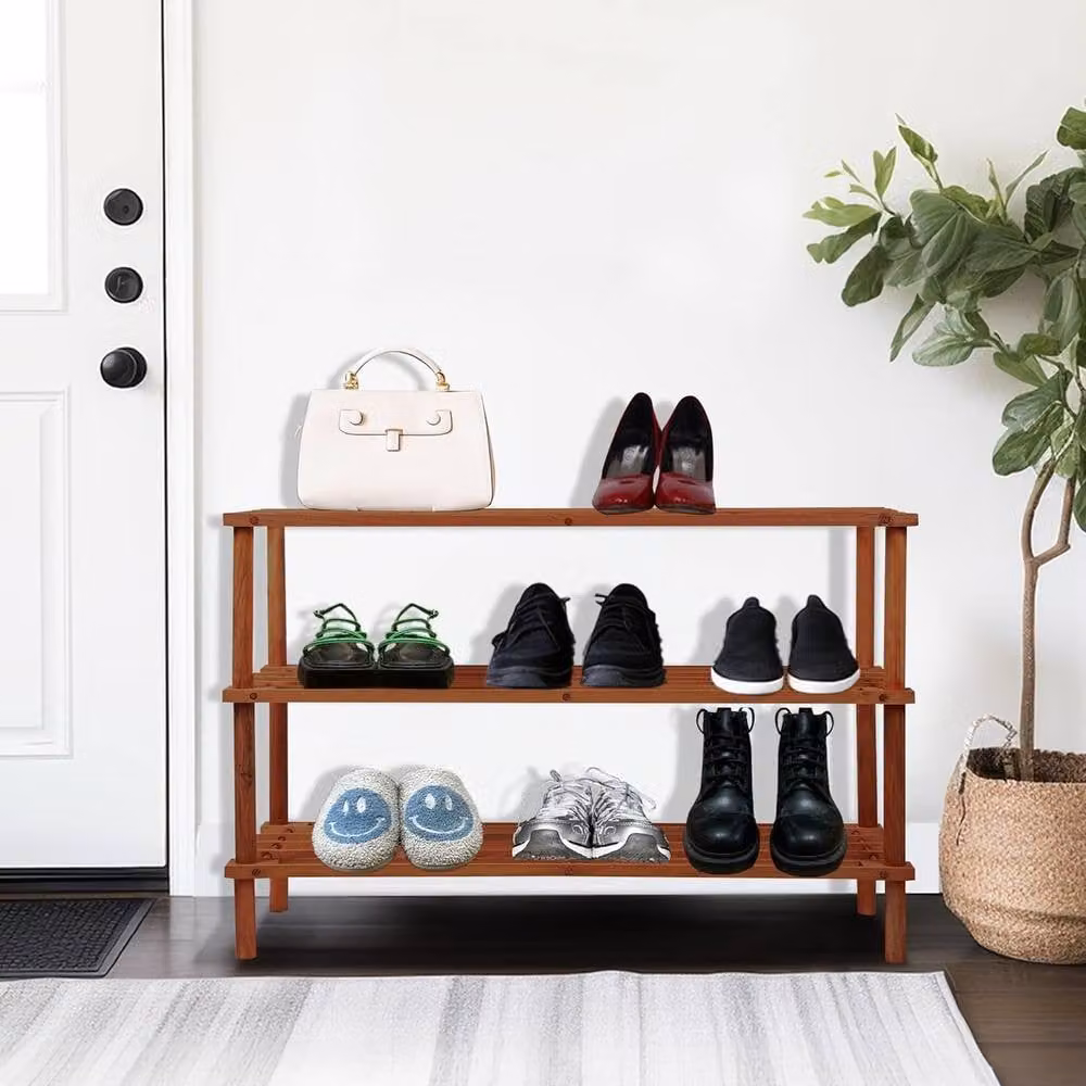 BARGAINS-GALORE 3 Tier Wooden Shoe Rack Footwear Storage Organiser in Brown Walnut Effect – 2