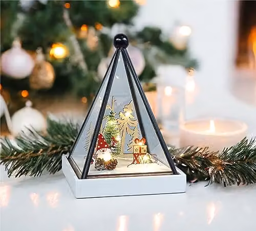 Netagon White Triangle Glass Snow Globe with Light Up Festive Gonk Scene, Battery Operated – 3